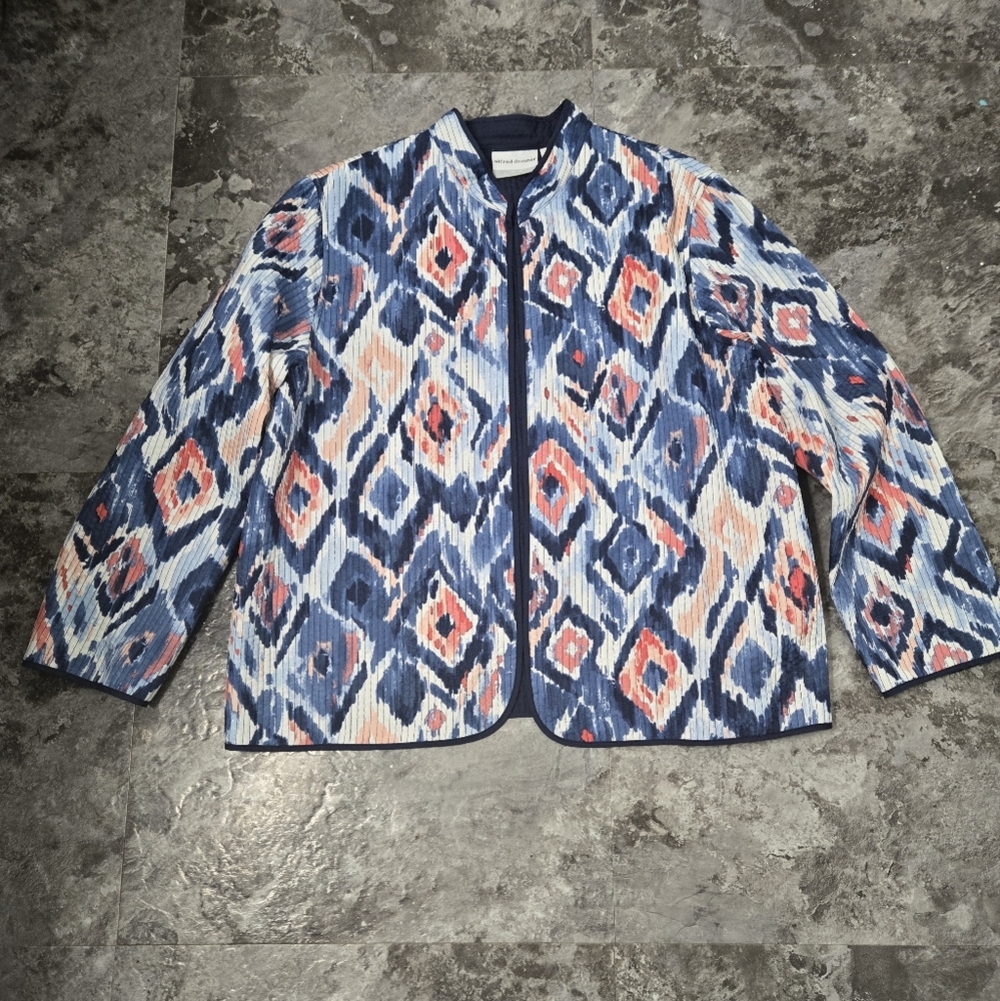 Alfred Dunner Jacket Blue Pink Ikat Print Open Front Lined QuiltedSize 18P